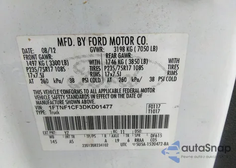 2013 Ford F-150 Xl из США, поврежденный, VIN 1FTNF1CF3DKD01477